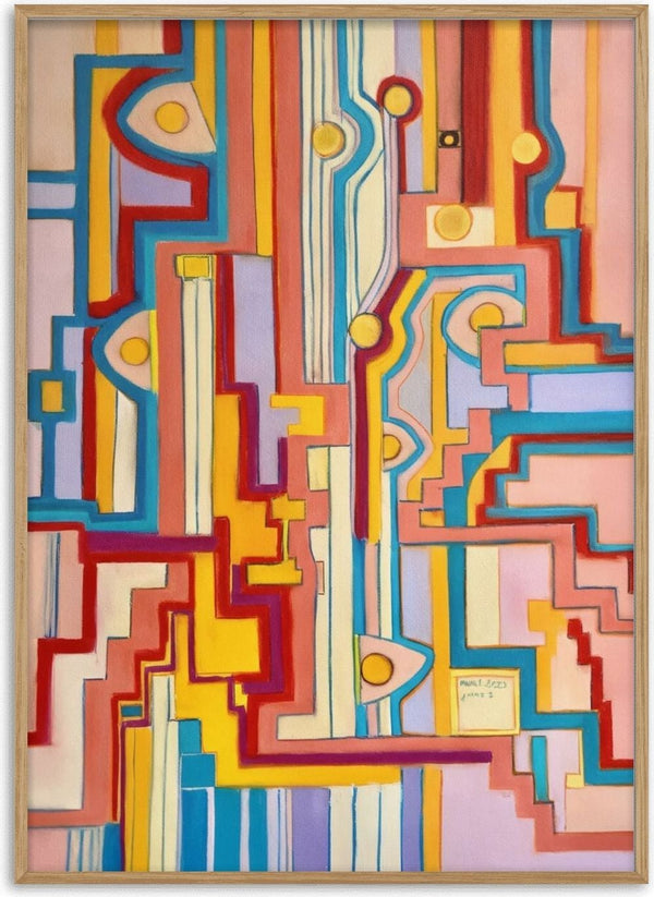 The Railway by Gerard Ceulemans - geometric pastel abstract of track-like lines with yellow circles in turquoise, red and yellow on pink