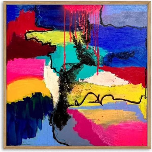 The Space Between Takes Shape I by Laura Notari - patchwork abstract of hot pink, cobalt, turquoise and yellow blocks