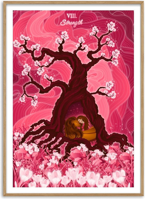 The Strength by Sciurus tarotus - a woman asleep with a lion at the foot of a blossoming tree in a pink field