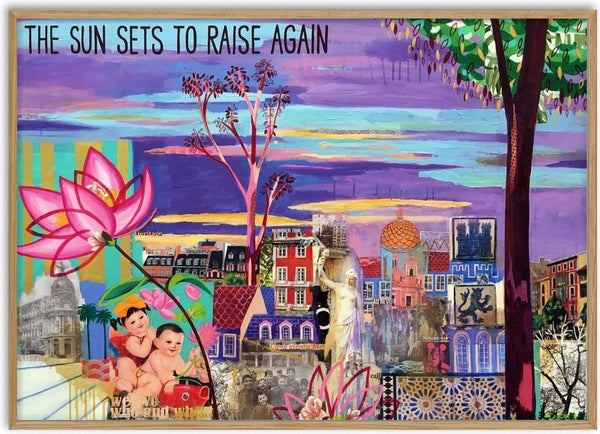 The sun sets to risa again by María Burgaz - a violet sky over a collaged town with a pink lotus