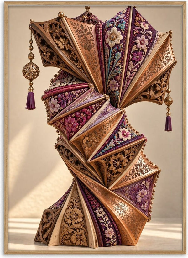 The Unfolding Archive by Haris Delic - a folded sculpture of carved wood, copper and embroidered textile