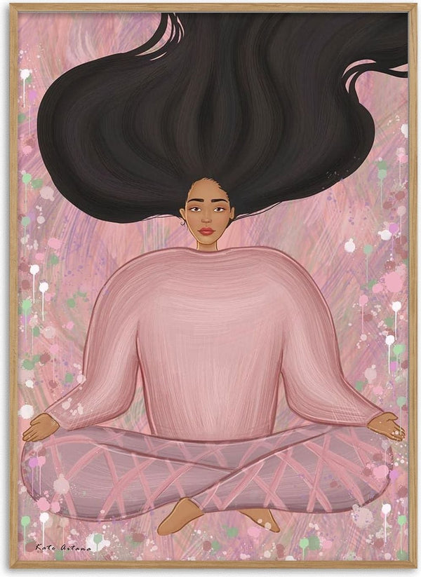 Illustration of a woman sitting cross-legged with long flowing hair, from "There is no hand to catch time" by Kate Aitana.