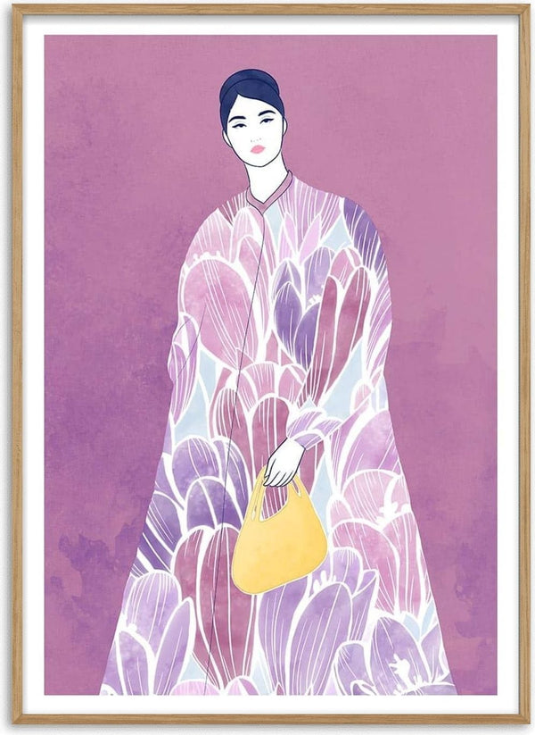 Illustration of a woman in a floral-patterned dress holding a yellow bag, featured for This Love Of Mine - Elara Monet.
