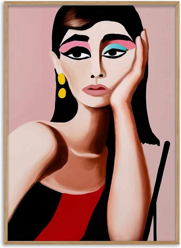 Stylized portrait of a woman with bold makeup, wearing yellow earrings and a red-black dress, inspired by Thoughts of Audrey.