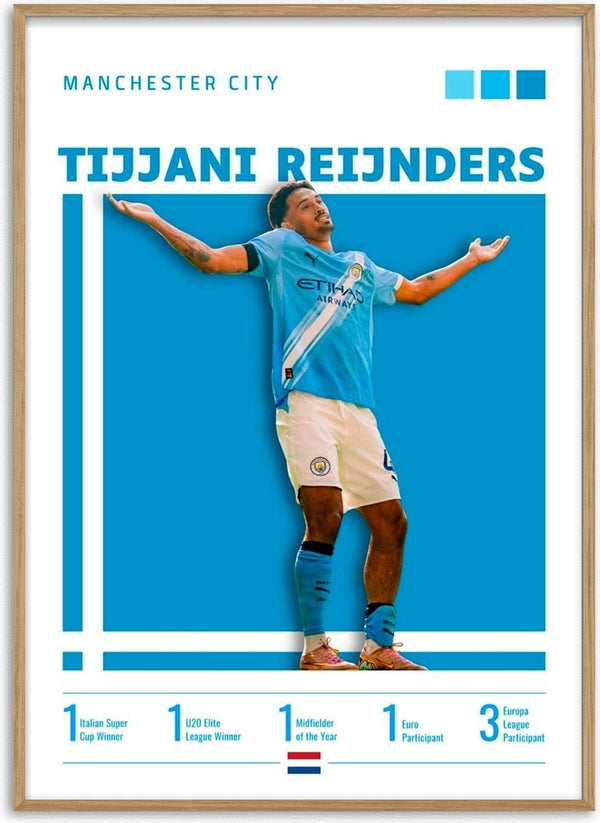 Poster of Tijjani Reijnders celebrating in a Manchester City kit, with career stats and team colors displayed.