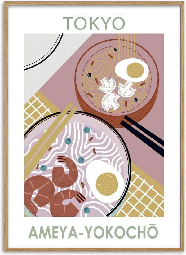 Stylized illustration of two ramen bowls with toppings, captioned "Tokyo Ameya-Yokocho" in graphic design style.