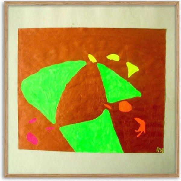 Triangles by rainbowuniverse - neon green triangles fanning out on a rust-brown ground with small yellow, orange and pink shapes