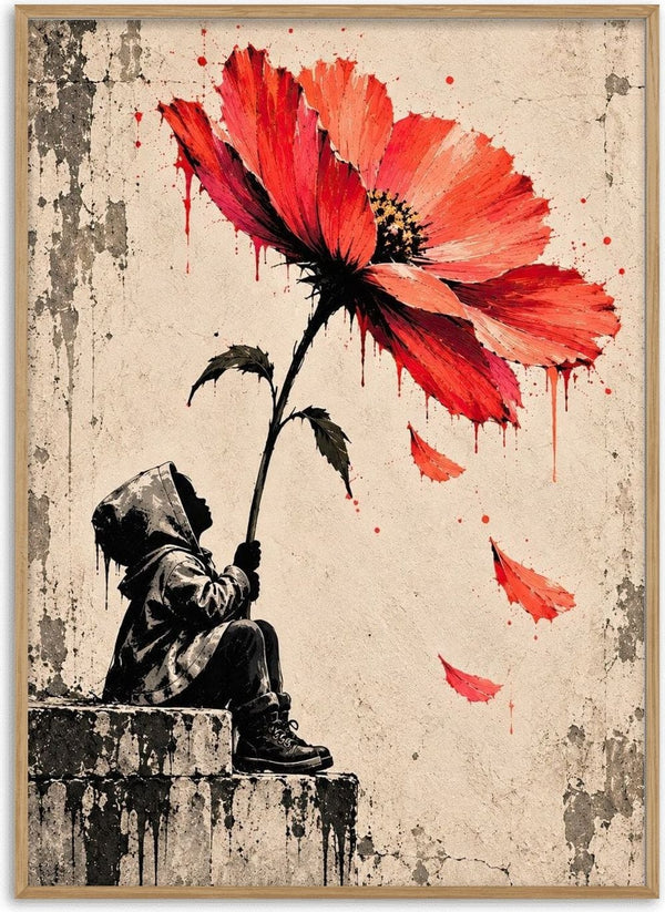 Under a Scarlet Bloom by Matthews Gallerie - a stencilled child holding a giant scarlet poppy like an umbrella