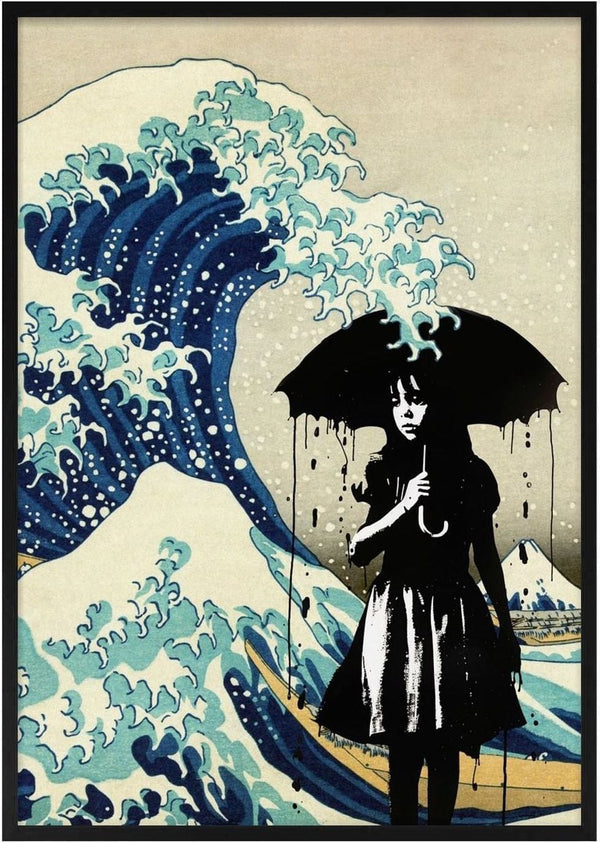 Under the wave by Dikhotomy - a stencilled girl with an umbrella beneath Hokusai's Great Wave