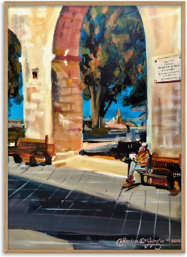 Upper Barrakka Gardens in Valletta by Mariam De Giorgio — limestone arches, green trees and a lone figure reading on a bench in the sun.
