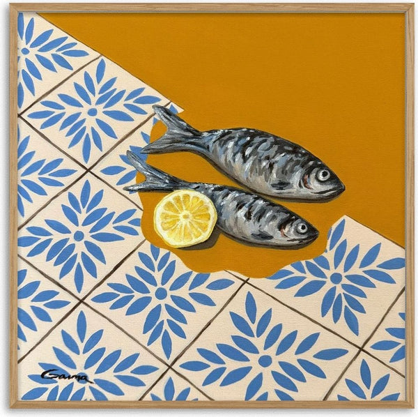 Vacation by Elva Garma - two sardines and half a lemon on mustard cloth over blue patterned tiles