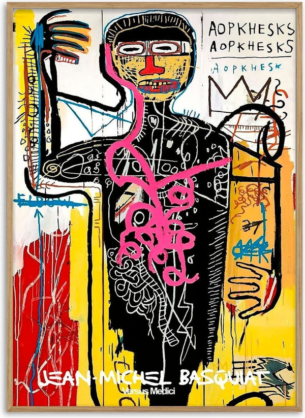 Abstract artwork "Versus Medici" by Jean Michel Basquiat, featuring vivid colors and bold, expressive lines.