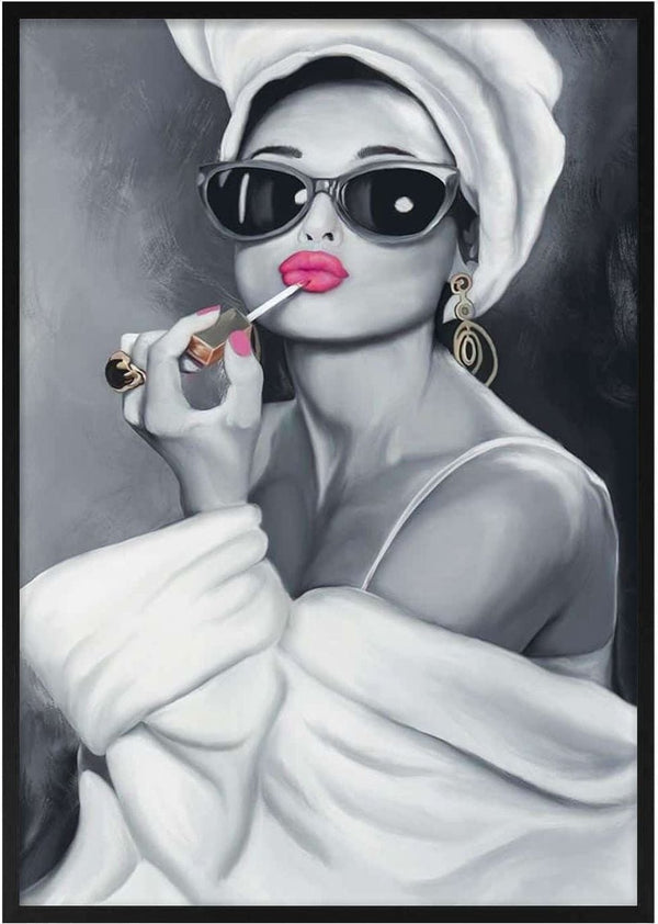 Stylish woman in sunglasses and towel, applying lipstick, evoking vintage fashion glamour and elegance.