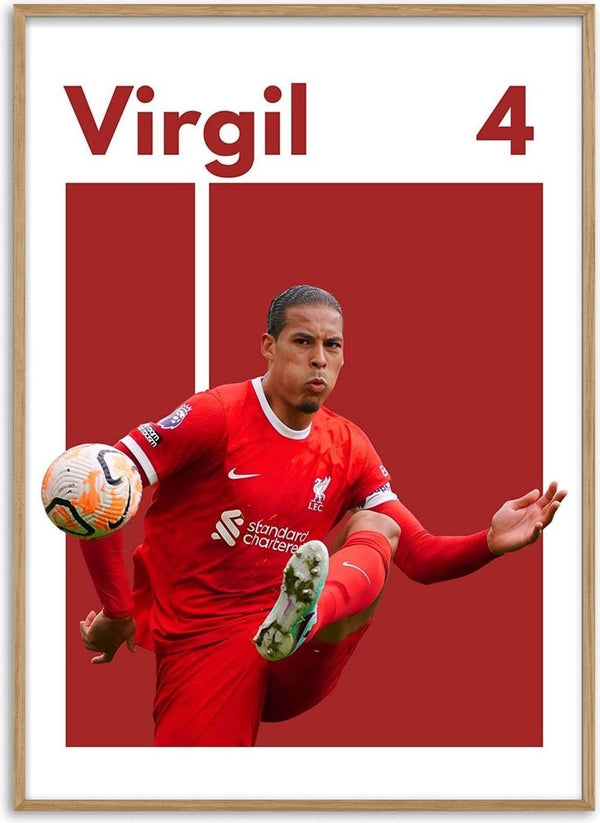 Poster of Virgil van Dijk in a red Liverpool kit, with "Virgil" and number 4 above him on a red background.