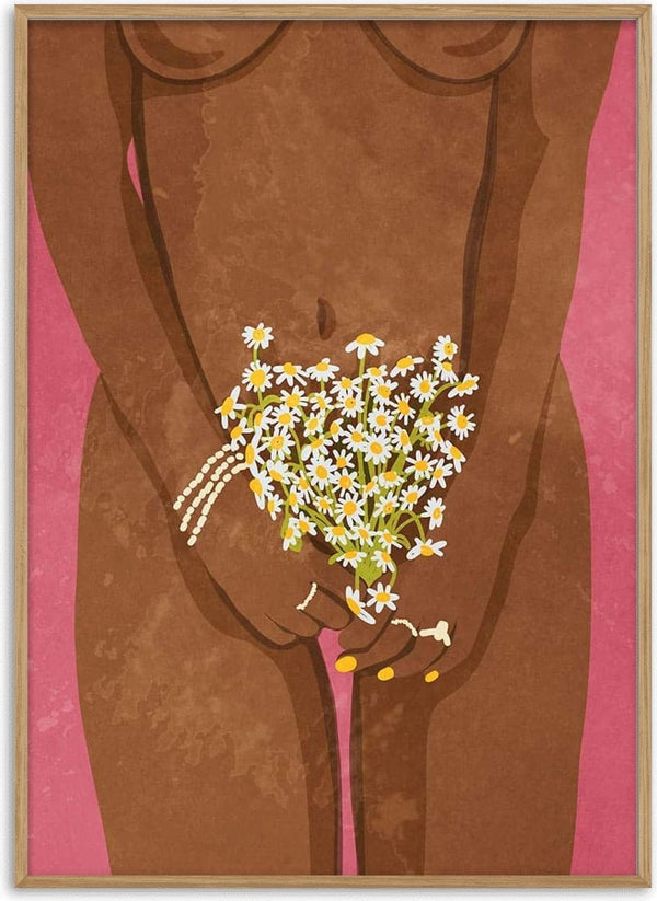 Illustration of a nude figure holding white daisies, featured on Wearing Flowers by Raissa Oltmanns product page.
