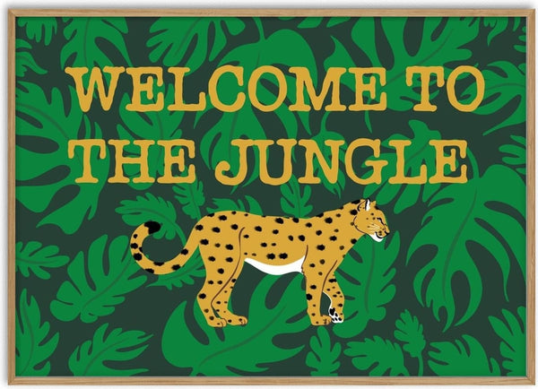 Welcome to the jungle by Lisen Vennesland - a spotted leopard walking among monstera leaves under golden lettering