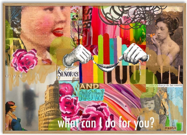 What can I do for you? by María Burgaz - a halftone face, pink roses and two hands pulling a wishbone