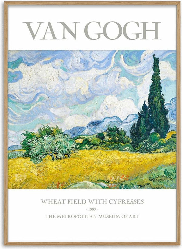 Van Gogh’s “Wheat Field with Cypresses” features golden fields, green cypress trees, and swirling blue sky.
