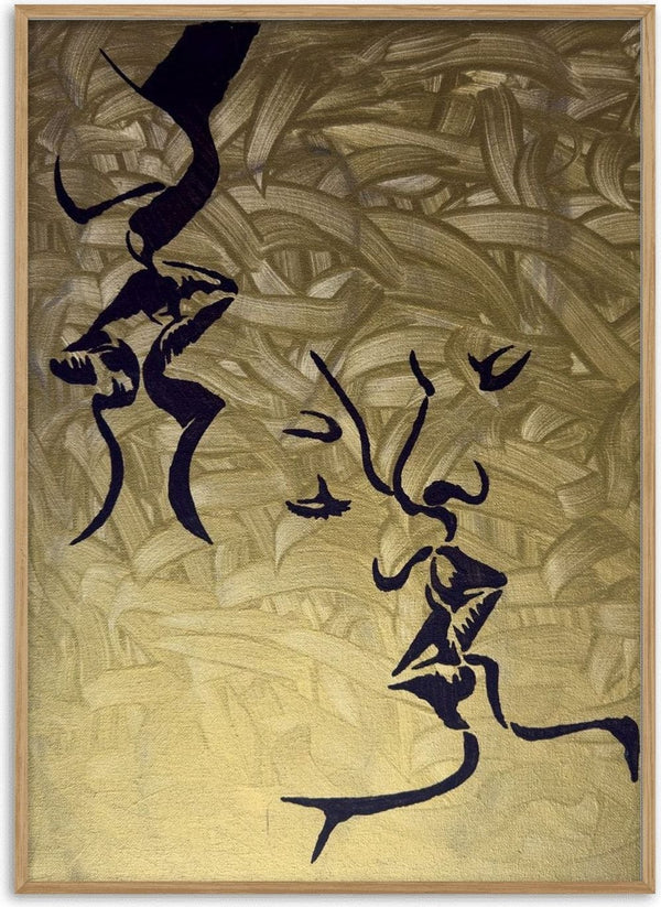 Whispers in Gold by Bibi - faces in profile drawn in black line on a gold ground