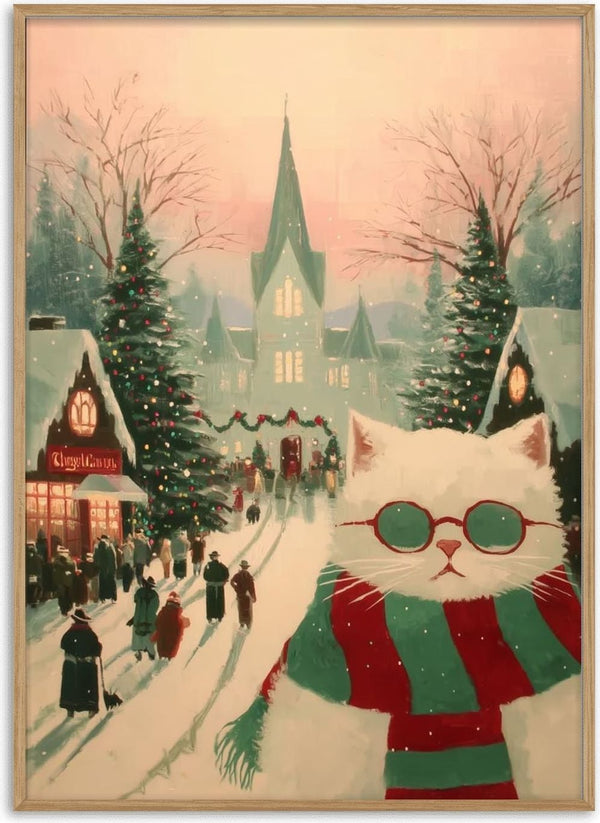 White cat in scarf and glasses stands in festive snowy town with people, Christmas trees, and lights.