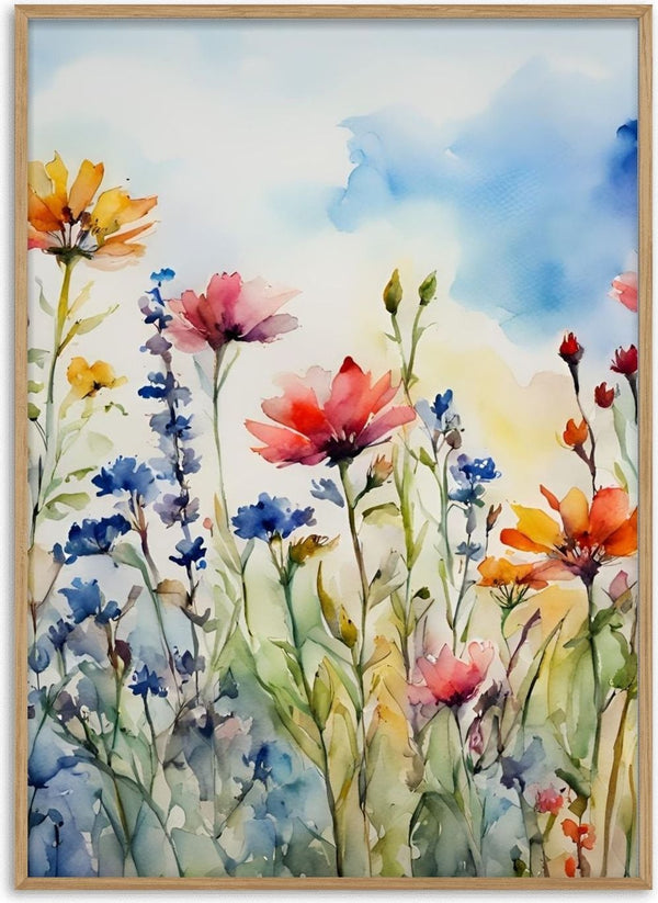 Wildflowers by Ohkimiko - a watercolour meadow of red poppies and blue cornflowers