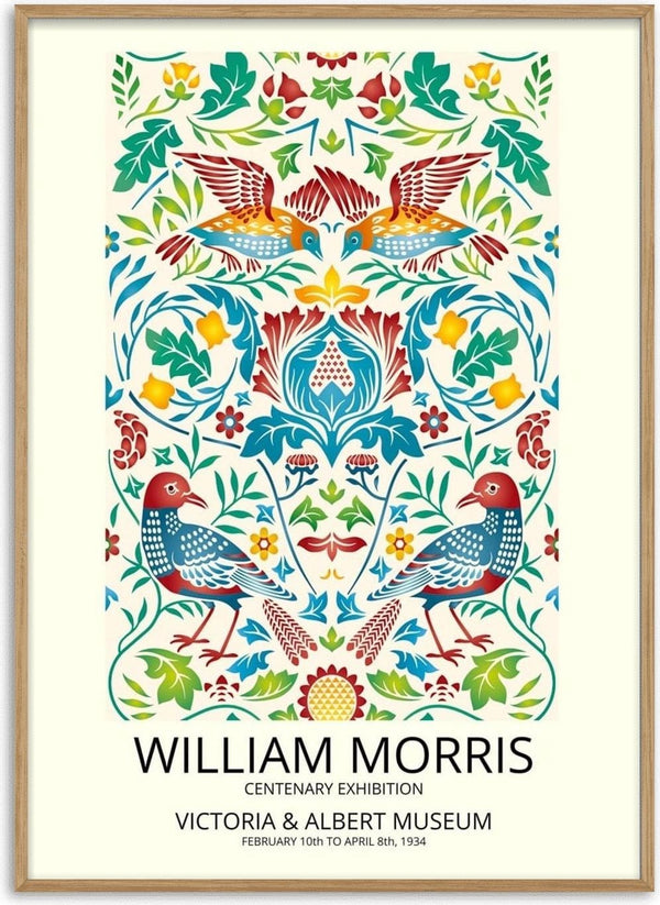 Colorful William Morris birds poster with ornate floral patterns and three stylized birds, vintage exhibition design.