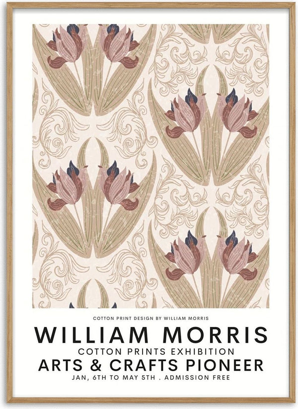 Red and beige tulip motif poster by William Morris, featuring text about an arts and crafts exhibition.