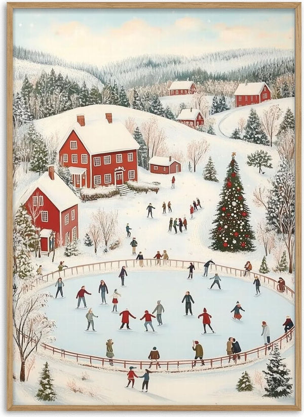 People ice skating on a rink surrounded by snow, red houses, pine trees, and a decorated Christmas tree.