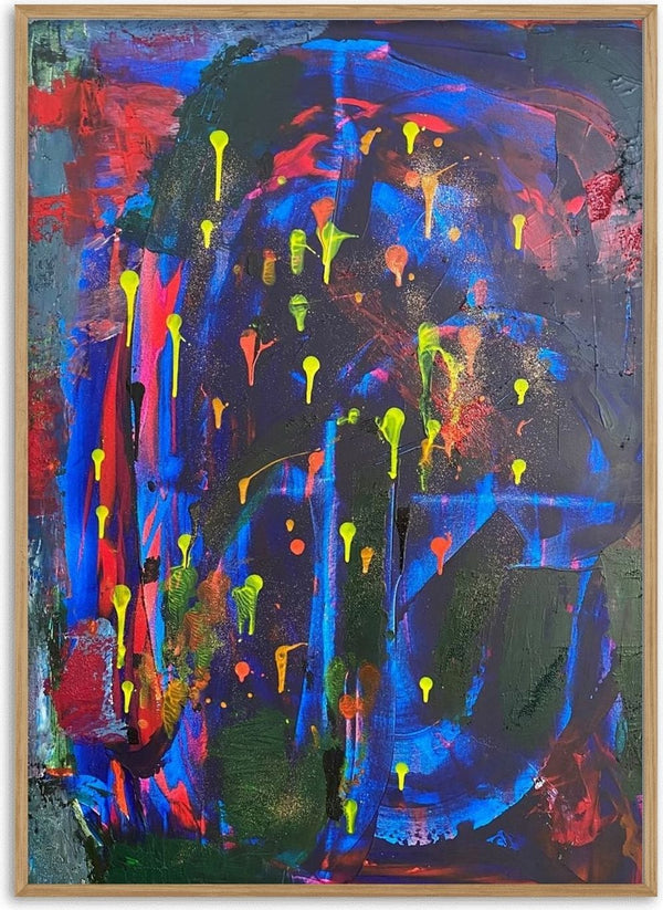 Wish by Maria-Tia - electric blue and red abstract with neon drips on a dark ground