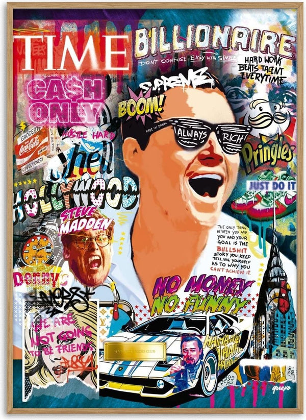 Colorful collage featuring Ricardo Noble, luxury brands, and bold text on Wolf of Wall Street product page.