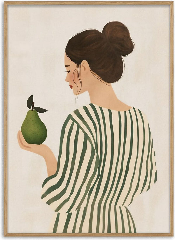 Woman and the Pear by Annika Persson - a woman in a green striped dress holding a green pear
