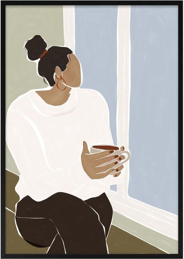 Illustration of a woman in an ivory sweater enjoying tea by a window, inspired by the Ivy Green collection.