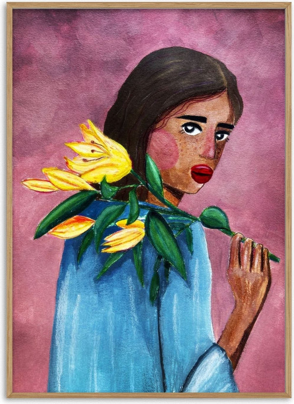 Painting of a woman in blue holding yellow lilies on her shoulder, against a purple background.