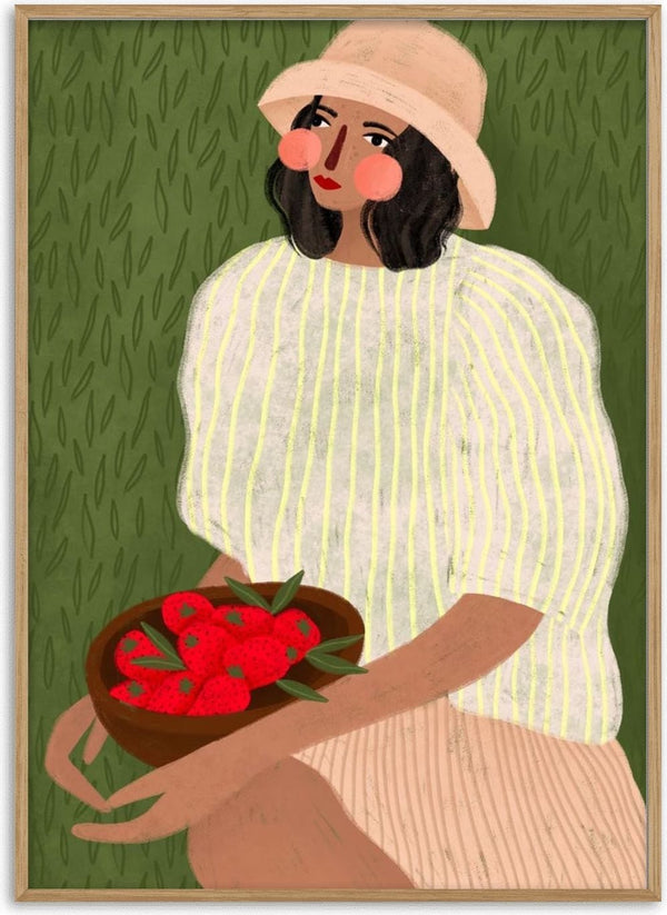 Illustration of a woman in a hat holding a basket of strawberries, from Woman with Strawberries by Bea Muller.