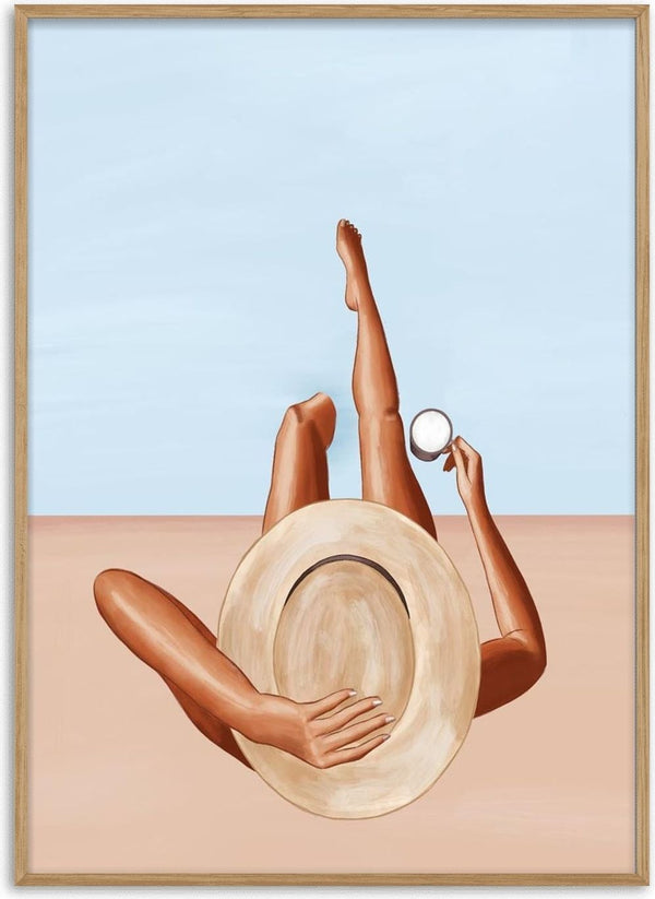 Artistic illustration of a woman lying on sand, holding a hat and a mirror, with clear sky in the background.