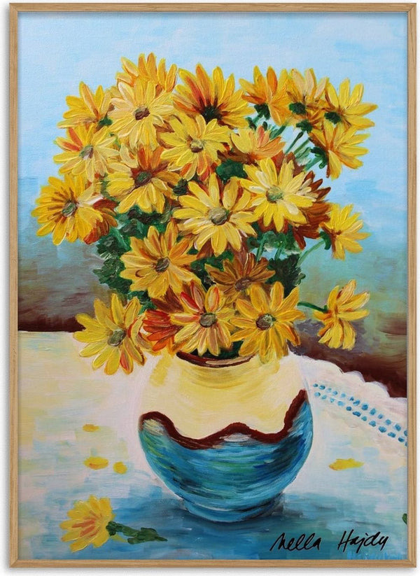 Yellow flowers by Nella Hajdu - yellow daisies in a cream and blue vase