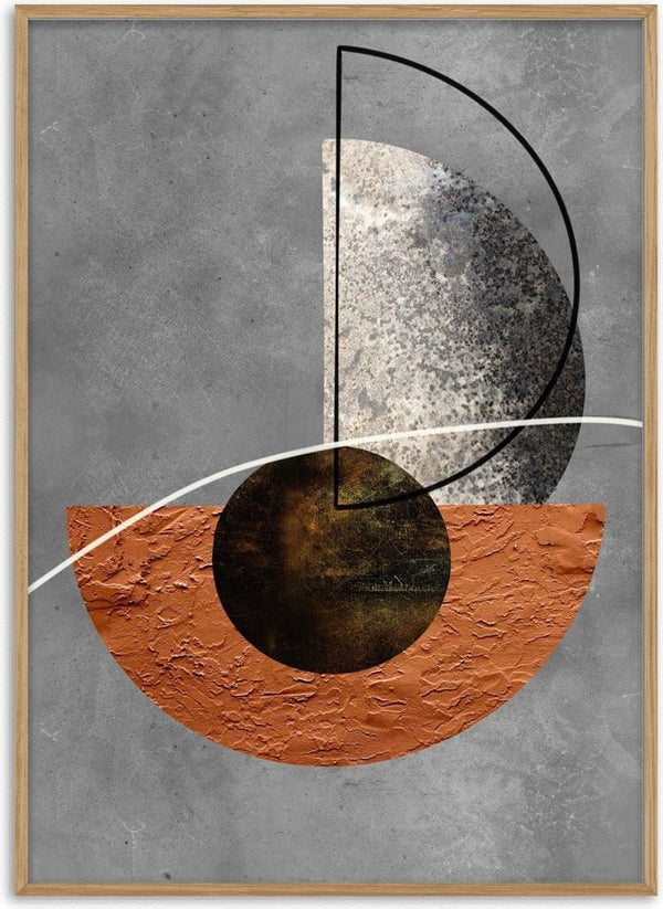 Minimalistic brown and silver geometric poster with textured shapes on a gray background.