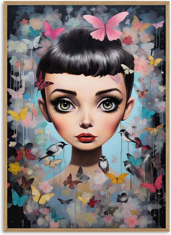 Whimsical portrait of a young girl with butterflies and birds, inspired by Audrey Hepburn, by Tara Green.