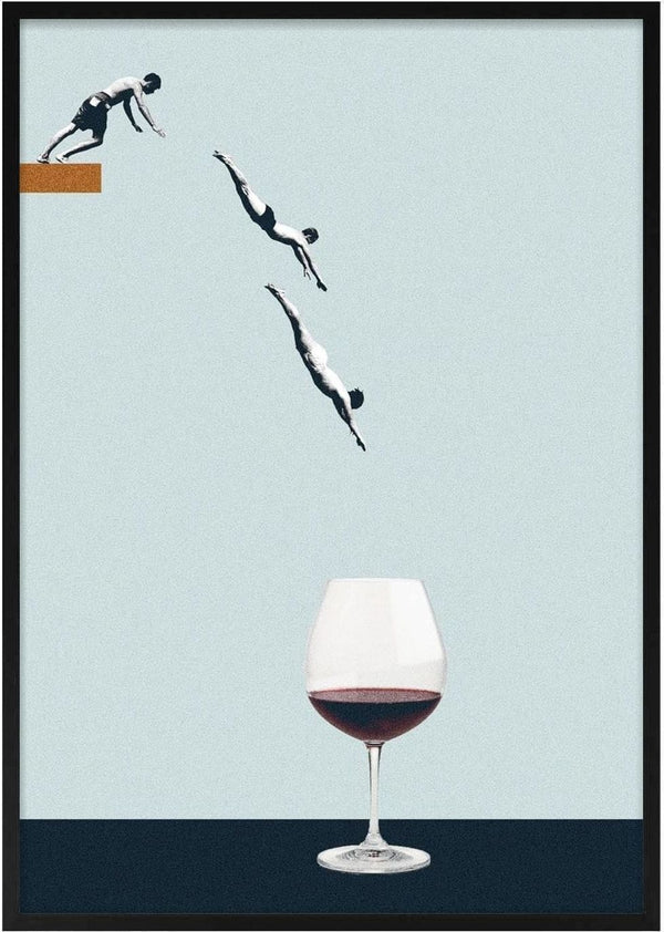 Surreal art of divers plunging into a glass of red wine, from "Your best friends forget you get old."