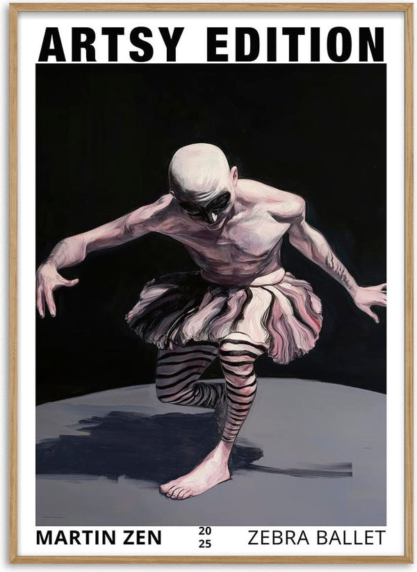 Cover of Zebra Ballet by Martin Zen, featuring a dancer in a zebra-striped tutu and makeup on a dark background.