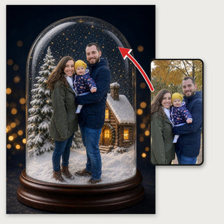Snow Dome Portrait personalised poster – your family photo on a phone turned into a glass snow dome poster