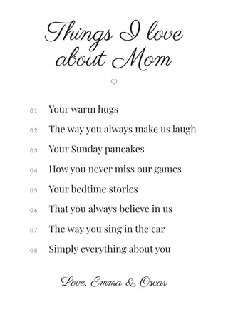 Things I Love About Mom personalised poster – White