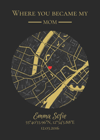 Where You Became My Mom gold map poster – Round