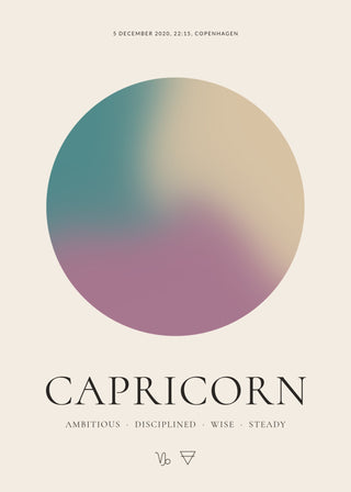Capricorn zodiac aura poster – a glowing Capricorn aura with date, time and place, traits and the Capricorn symbol on a cream background