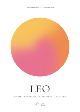 Leo zodiac aura poster – a glowing Leo aura with date, time and place, traits and the Leo symbol on a white background