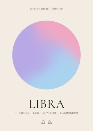 Libra zodiac aura poster – a glowing Libra aura with date, time and place, traits and the Libra symbol on a cream background