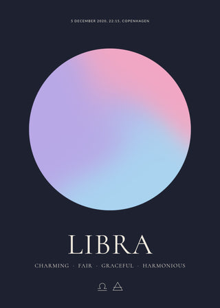 Libra zodiac aura poster – a glowing Libra aura with date, time and place, traits and the Libra symbol on a dark night background