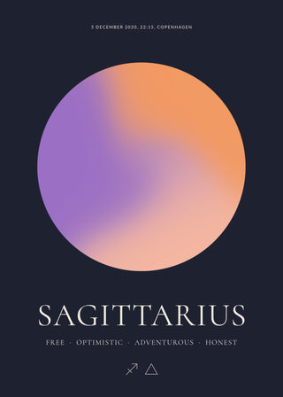Sagittarius zodiac aura poster – a glowing Sagittarius aura with date, time and place, traits and the Sagittarius symbol on a dark night background
