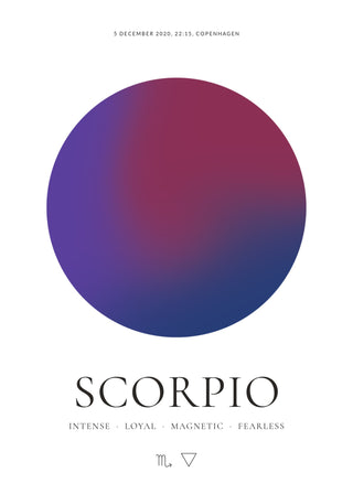 Scorpio zodiac aura poster – a glowing Scorpio aura with date, time and place, traits and the Scorpio symbol on a white background
