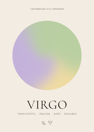 Virgo zodiac aura poster – a glowing Virgo aura with date, time and place, traits and the Virgo symbol on a cream background